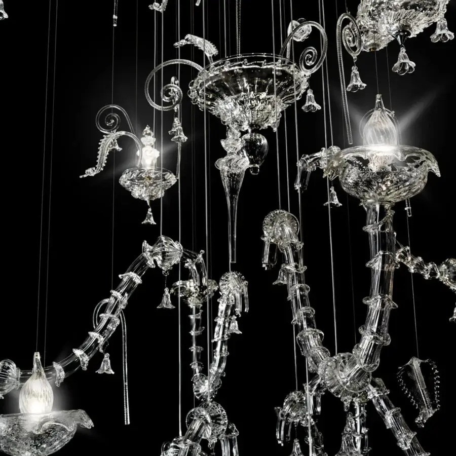 Lavish Reflex Molecolare suspension lamp with transparent Murano glass pendants suspended from mirror glass support