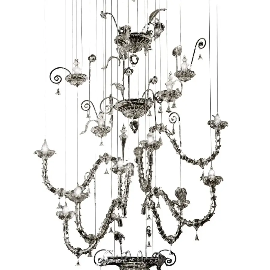 Distinguished Reflex Molecolare suspension lamp with mirror glass support and transparent Murano glass pendants in a glossy sheen