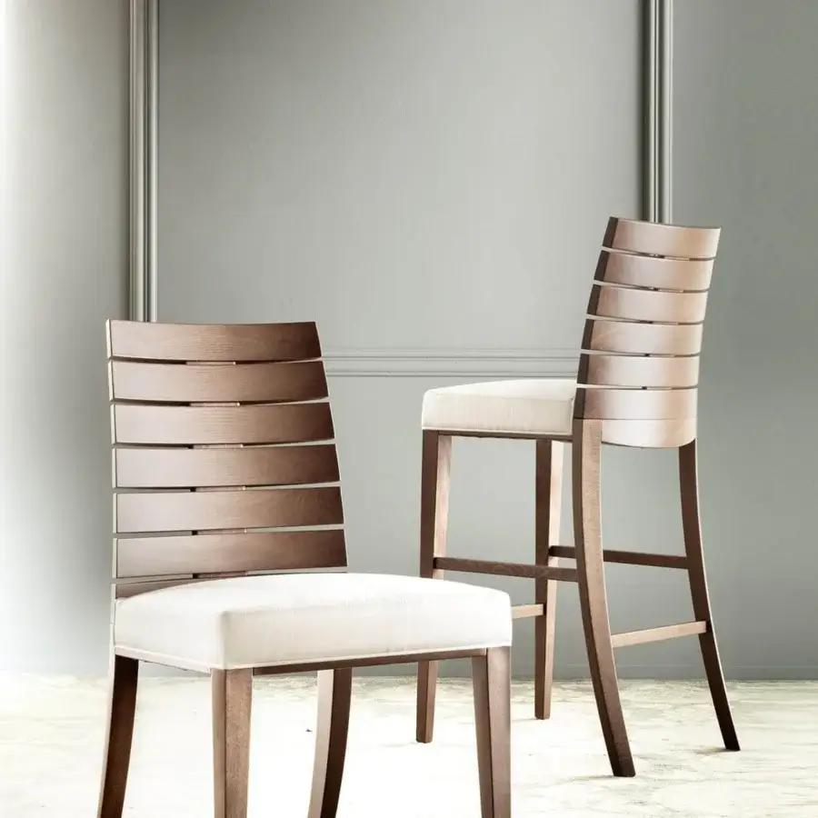 Exceptional Costantini Pietro stool crafted in beech wood with a light textile seat and horizontally slatted backrest