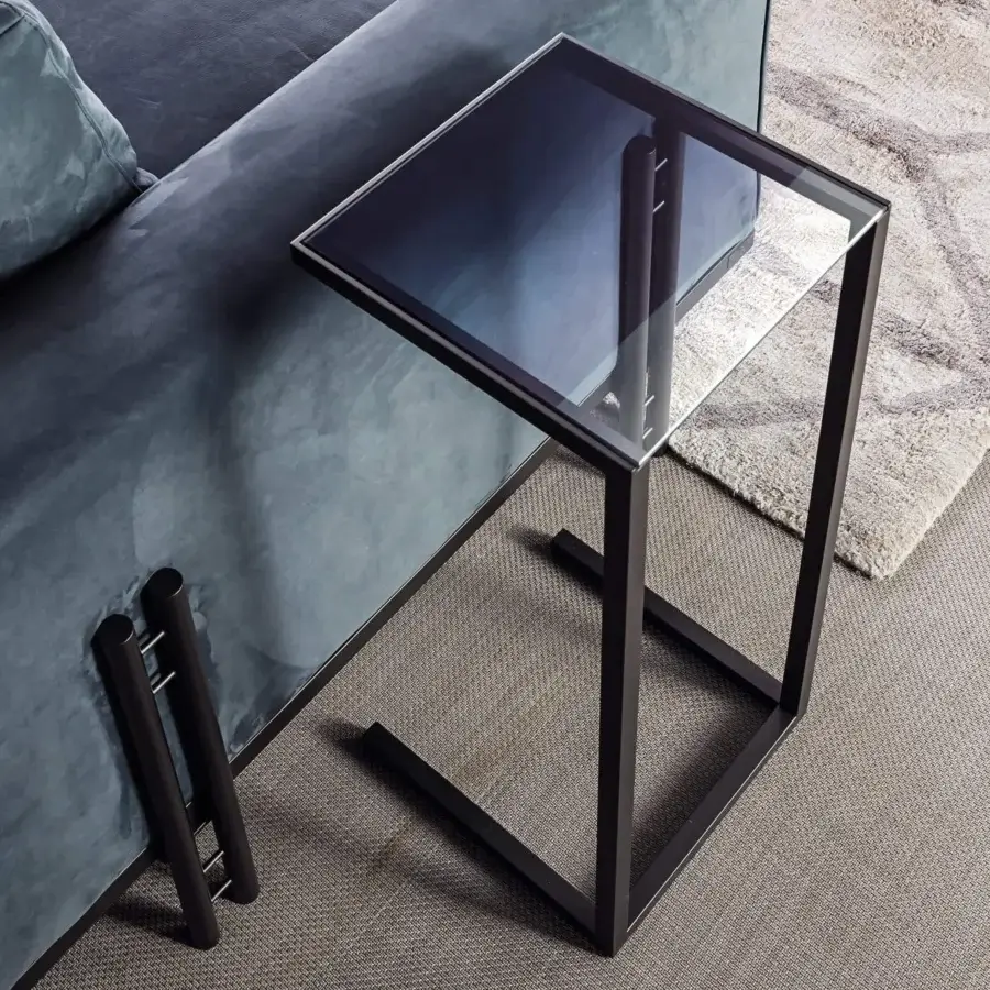Elegant Bizzotto Italia Ikat side table with dark gradient glass tabletop and matte black lacquered metal frame