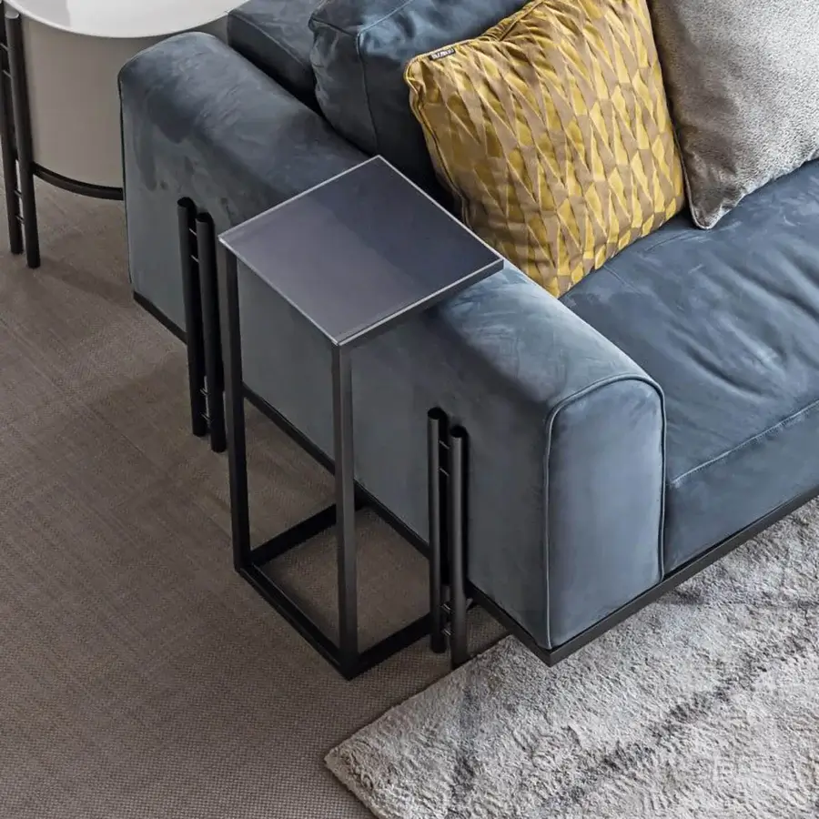 Distinguished Bizzotto Italia Ikat side table with rectangular glass tabletop and slender matte lacquered metal frame
