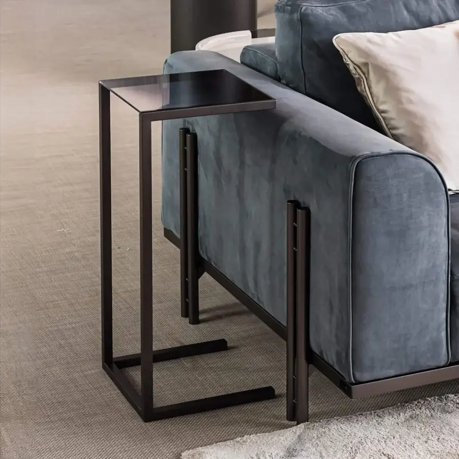 Elegant Bizzotto Italia Ikat side table with rectangular glass top and dark bronze lacquered metal frame