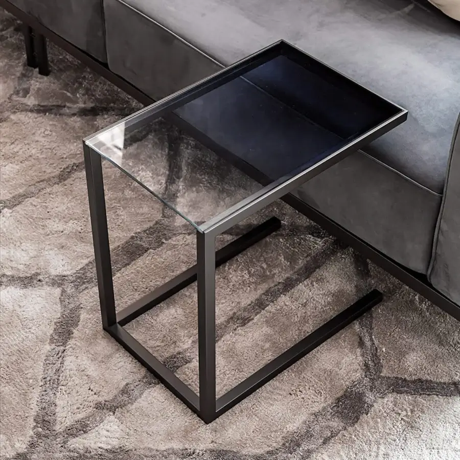 Exceptional Bizzotto Italia Ikat side table with dark toned glass tabletop and matte lacquered metal base