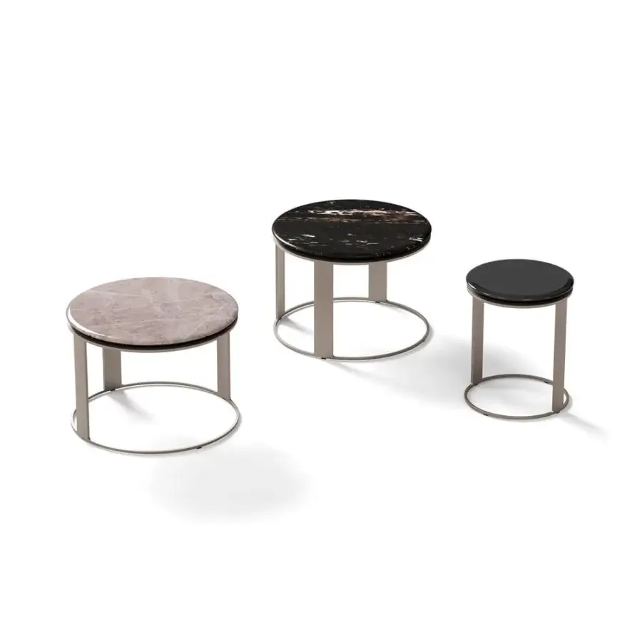 Distinguished CPRN Homood Denis coffee table with trio of round marble tops and sleek matte metal cylindrical bases crafted in Italy