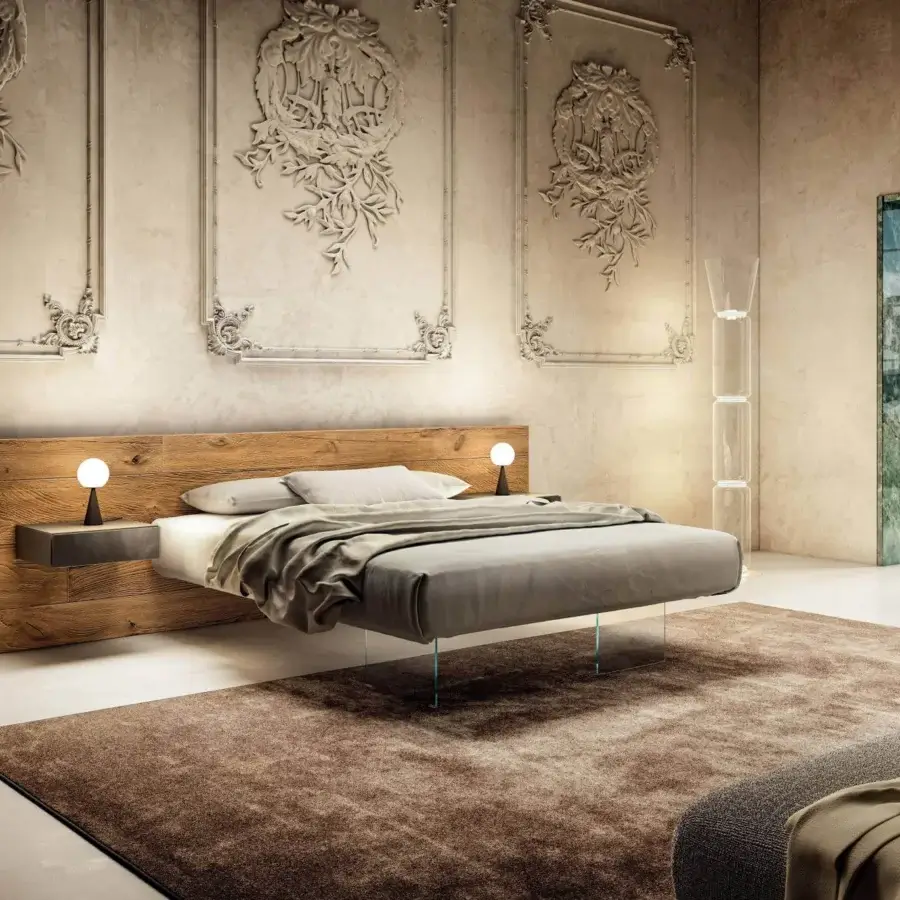 Superior Lago Air bed with light-toned wooden headboard and transparent tempered glass supports crafted with floating nightstands