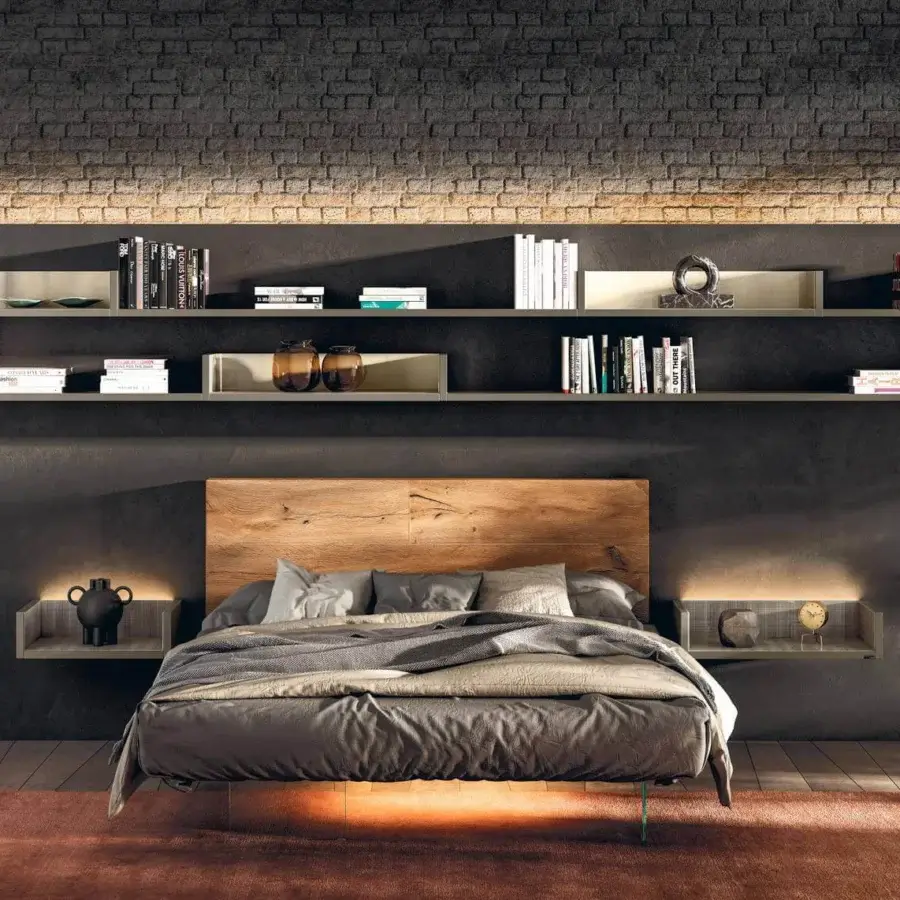Innovative Lago Air bed with a light-brown wooden headboard and gray textile upholstery built on transparent tempered glass legs