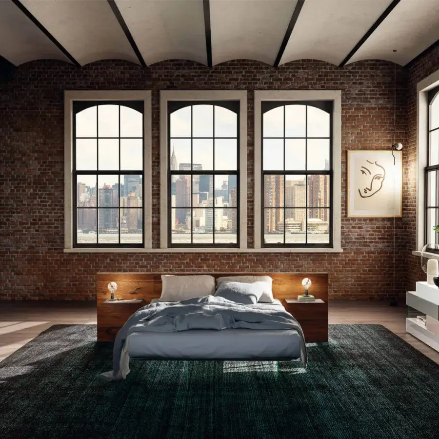 Distinguished Lago Air bed with a warm medium-brown wooden headboard and light gray textile, built with extra-clear tempered glass supports