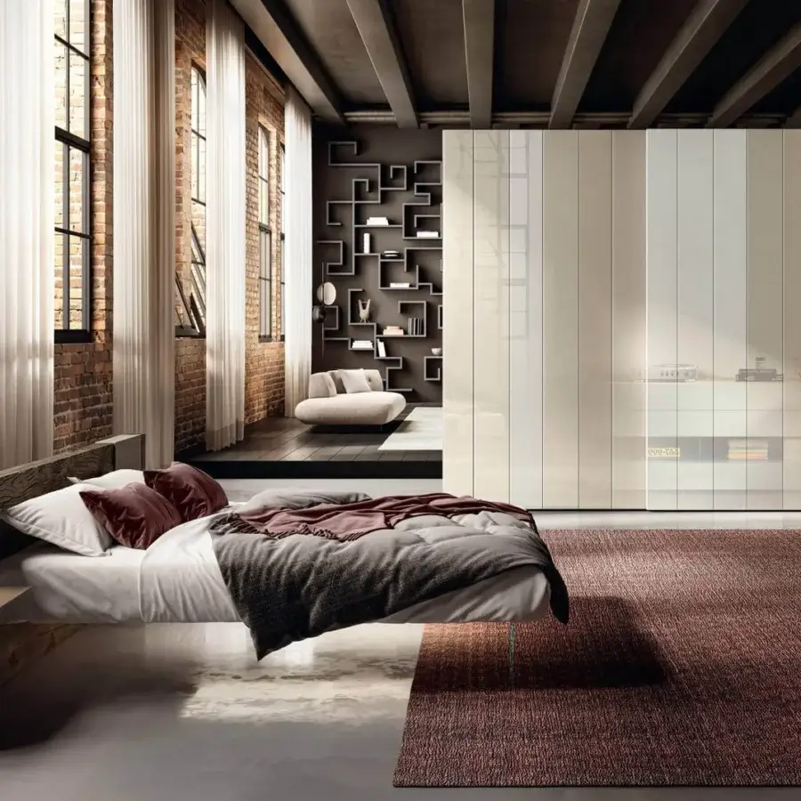 Superior Lago Air bed with a textured medium-brown wooden headboard and transparent tempered glass supports crafted in Italy