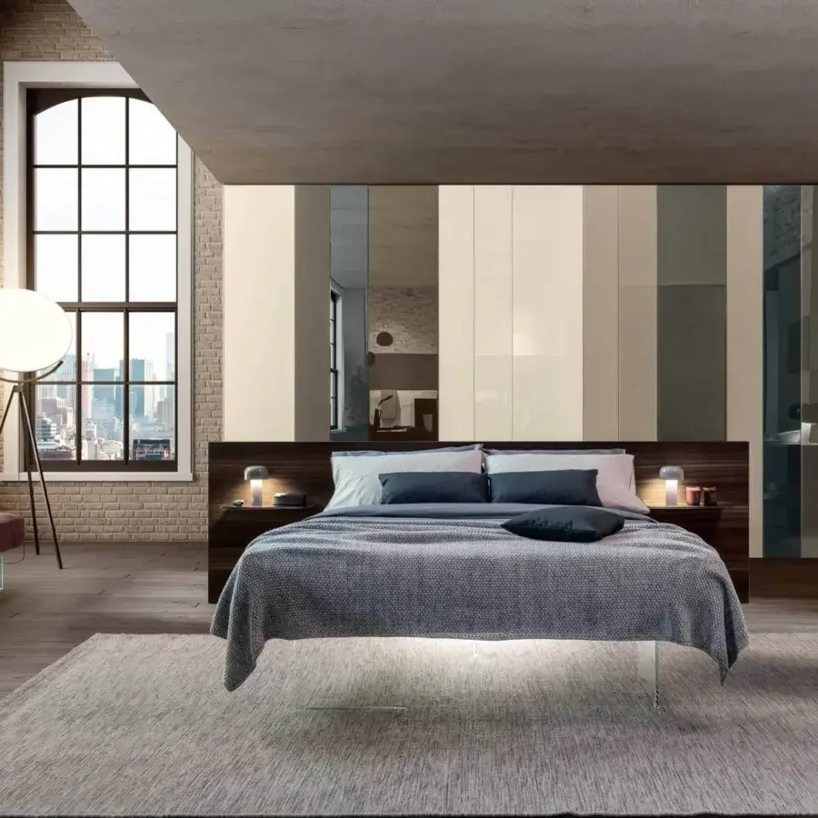 Elegant Lago Air bed with a dark wood headboard and extra-clear tempered glass, crafted in Italy with a smooth finish