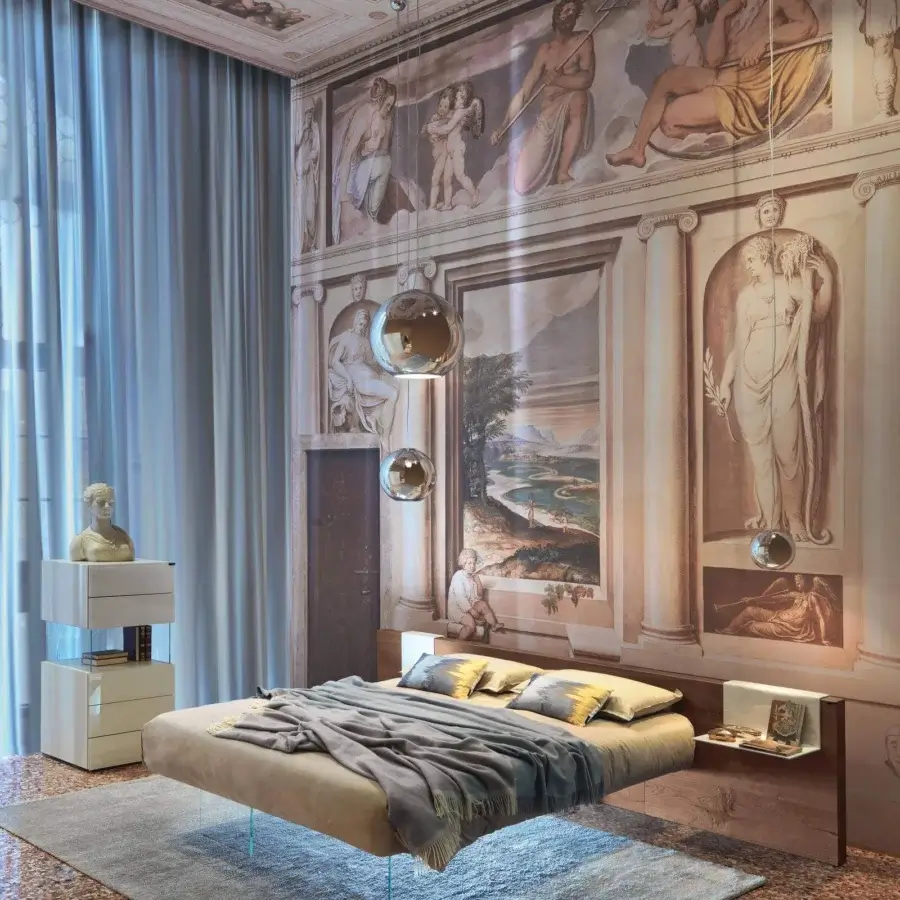 Innovative Lago Air bed with a light brown wood headboard and extra-clear tempered glass supports crafted in Italy