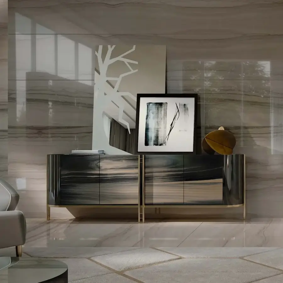 Captivating Bizzotto Italia Ikat sideboard with dark gray glossy finish and brass-tinted metal details crafted in Italy