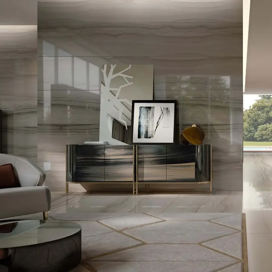 Elegant Bizzotto Italia Ikat sideboard with swirling dark gray and beige glossy door fronts and golden-toned metal legs
