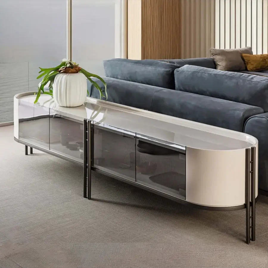 Exceptional Bizzotto Italia Ikat sideboard with glossy light beige Flamme finish and brass-tinted details revealing a mesh interior