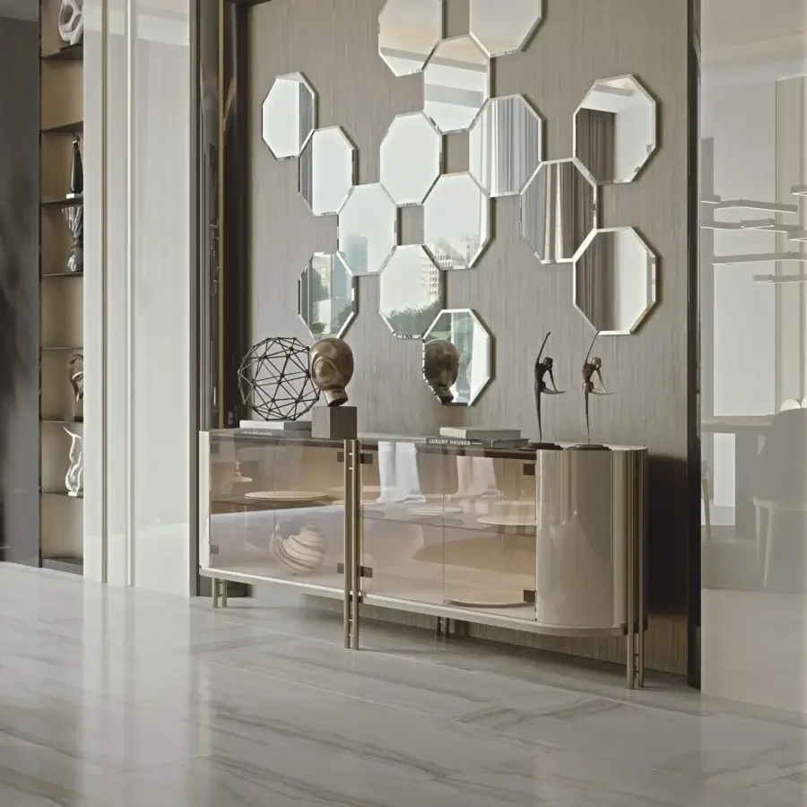 Superior Bizzotto Italia Ikat sideboard in light beige with brass-tinted details and glossy finish