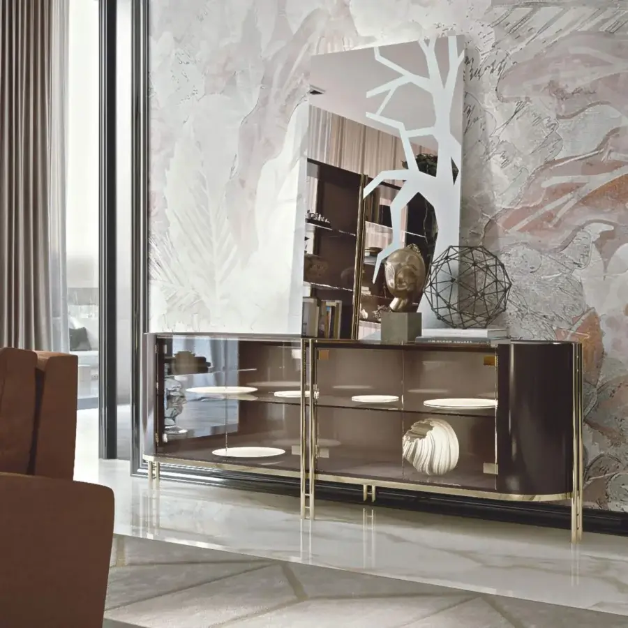 Elegant Bizzotto Italia Ikat sideboard in dark brown with brass-tinted details and glossy finish
