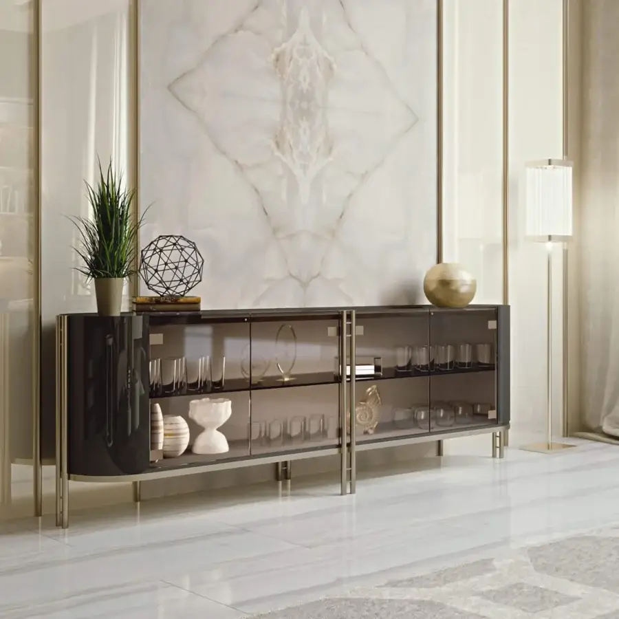 Distinguished Bizzotto Italia Ikat sideboard in dark tones with brass-tinted metal supports and glass doors finished with Flamme