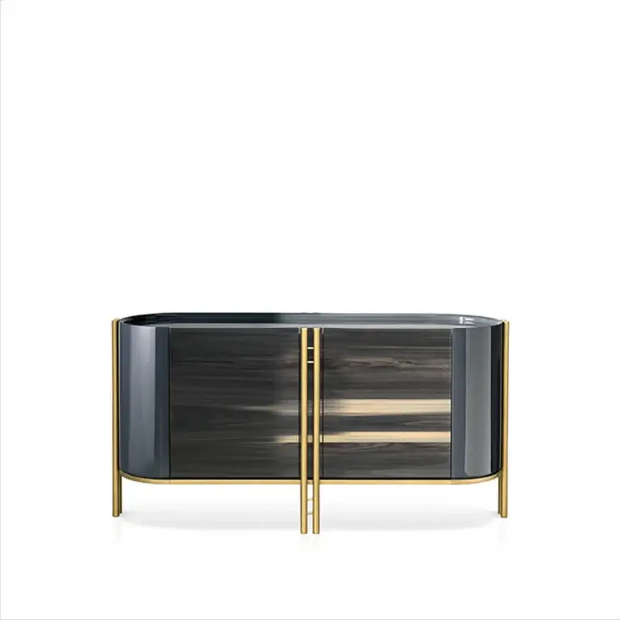 Exceptional Bizzotto Italia Ikat sideboard with dark wood doors, glossy gray panels and a brass-tinted metal base