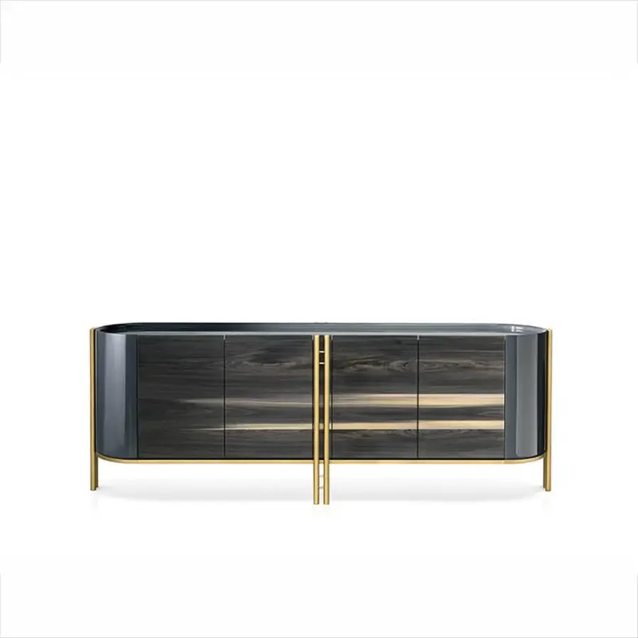 Superior Bizzotto Italia Ikat sideboard with dark wood, golden metal framework and brass-tinted details across four symmetrical doors