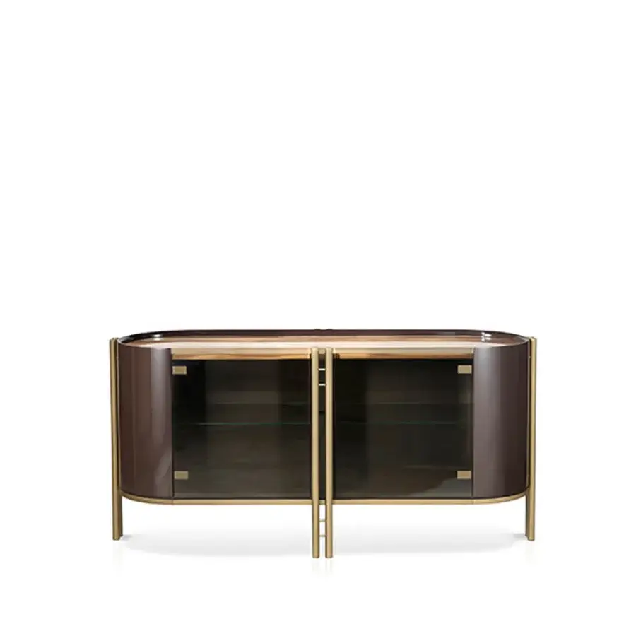 Elegant Bizzotto Italia Ikat sideboard with dark brown cabinet, sleek golden metal and glass doors finished in Flamme