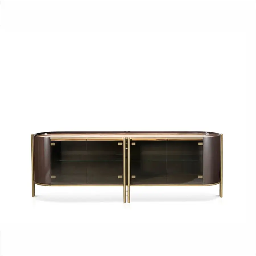 Distinguished Bizzotto Italia Ikat sideboard with oval cabinet, dark brown finish and brass-tinted symmetrical details crafted in Italy