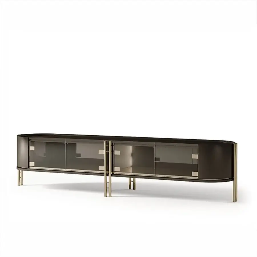 Exclusive Bizzotto Italia Ikat sideboard with glossy Flamme finish, oval shapes and brass-tinted details built with glass doors and metal legs