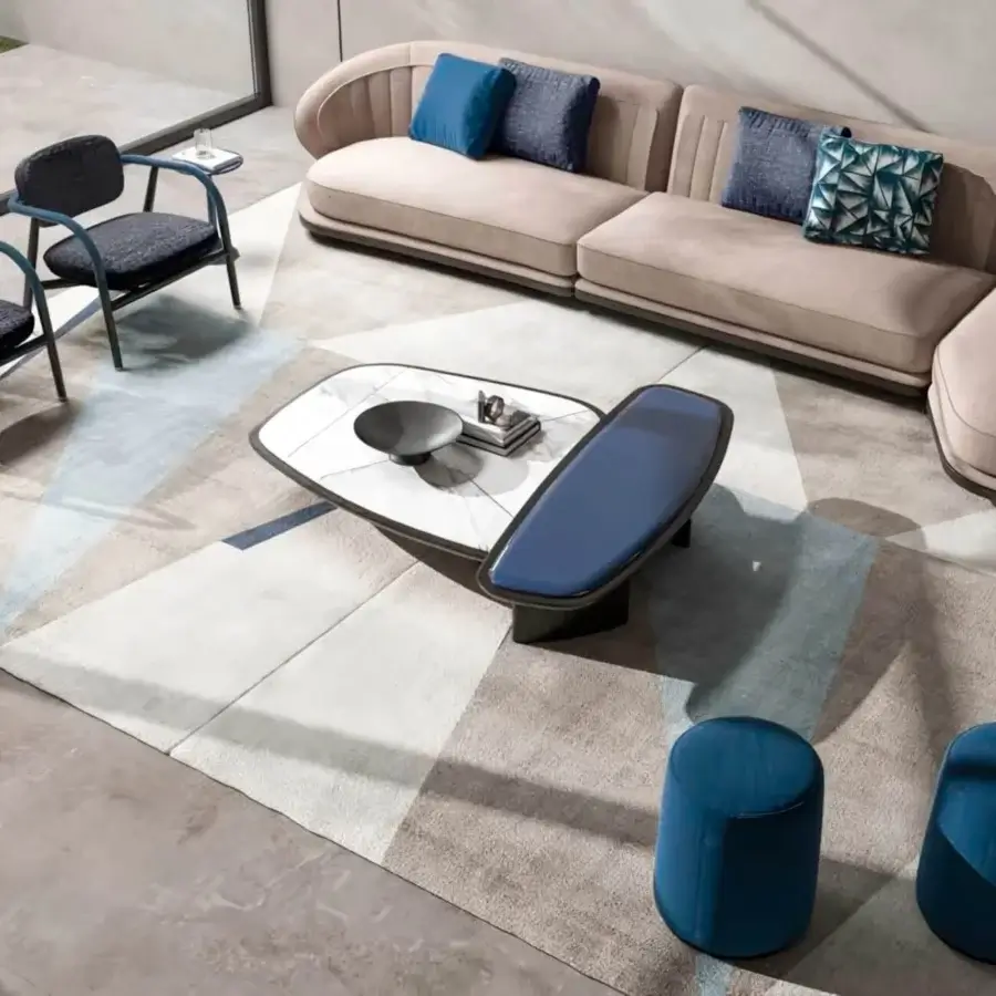 Elegant CPRN Homood Kigali coffee table with off-white marbled surface and striking blue lacquered wood accent built with a solid wood base