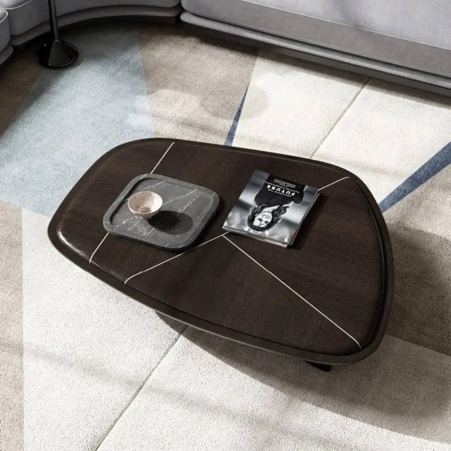 Distinguished CPRN Homood Kigali coffee table with irregular shaped lacquered wood top and dark inlaid geometric lines