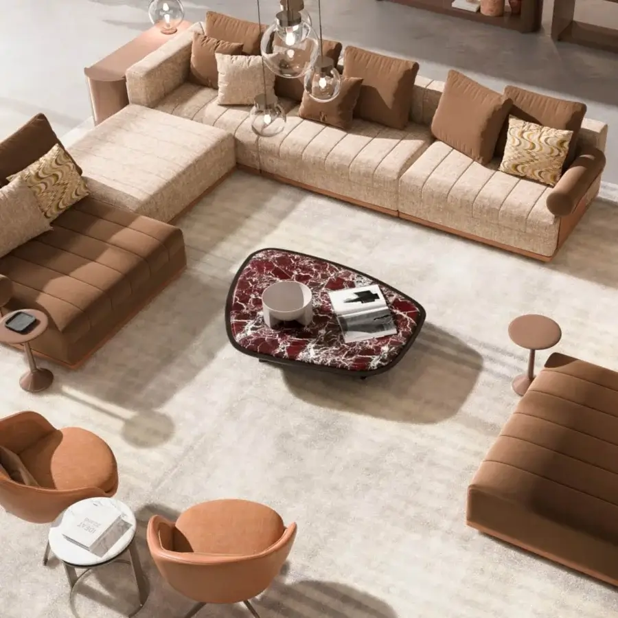 Exceptional CPRN Homood Kigali coffee table with red and white marbled top and dark finished solid wood base crafted in Italy