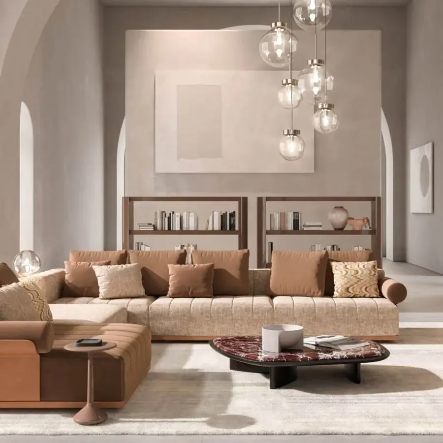 Superior CPRN Homood Kigali coffee table with swirling red, brown and white marble top and dark matte solid wood base