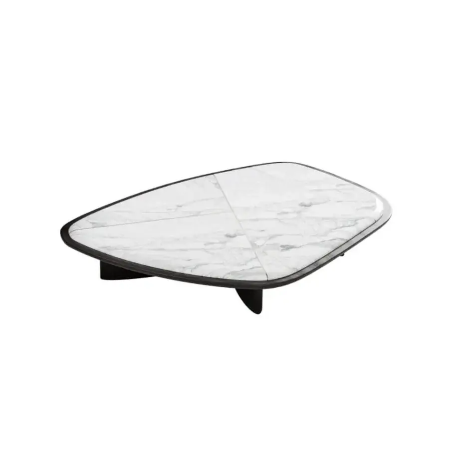 Exceptional CPRN Homood Kigali coffee table in white marble with grey veining and sleek black trim crafted with solid wood legs