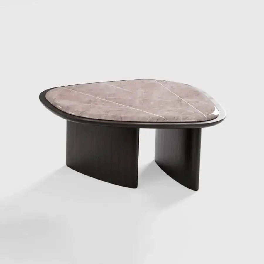 Superior CPRN Homood Kigali coffee table in light pink marble with white veining and dark-toned solid wood base