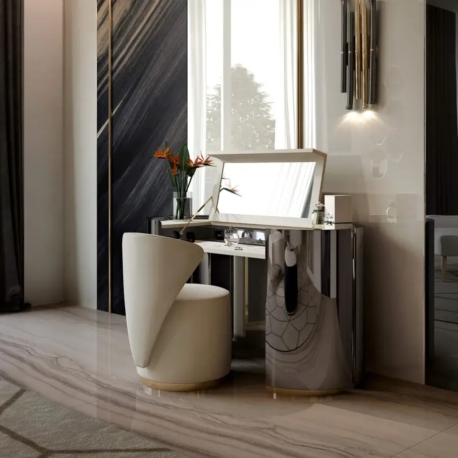 Elegant Bizzotto Italia Ikat vanity desk in glossy silver with gold accents and light cream top