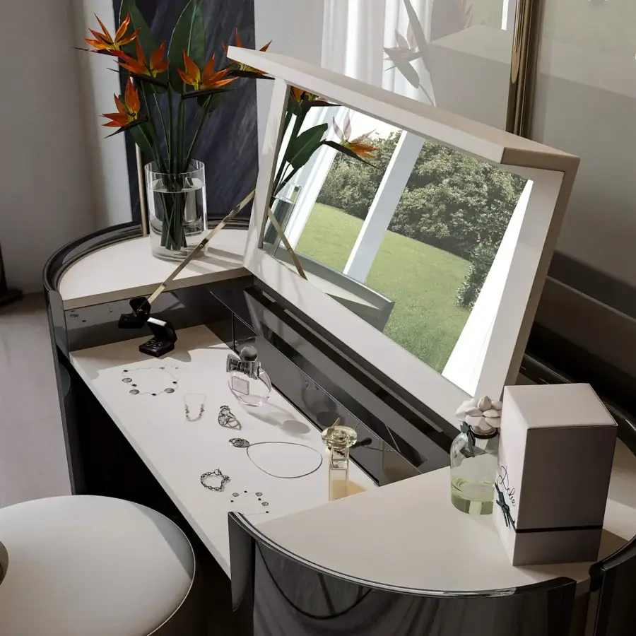 Distinguished Bizzotto Italia Ikat vanity desk in glossy peacock blue with dove-grey top and light leather interior crafted with a lift-up mirror