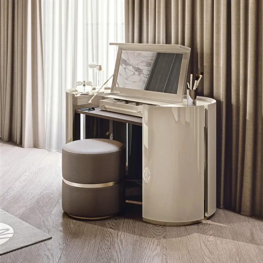 Superior Bizzotto Italia Ikat vanity desk with a glossy light beige cabinet and dark brown tabletop crafted in Italy