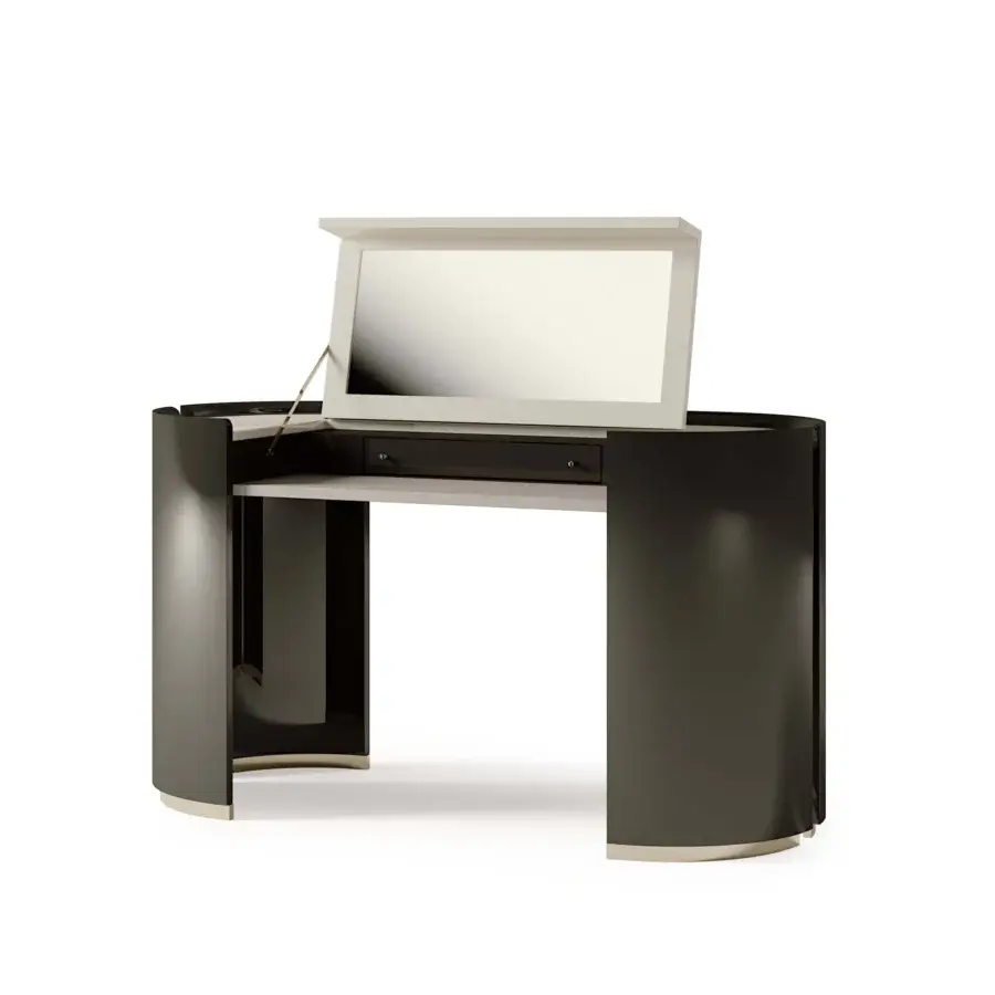 Distinguished Bizzotto Italia Ikat vanity desk in glossy peacock blue with dove-grey top and light leather interior crafted in Italy