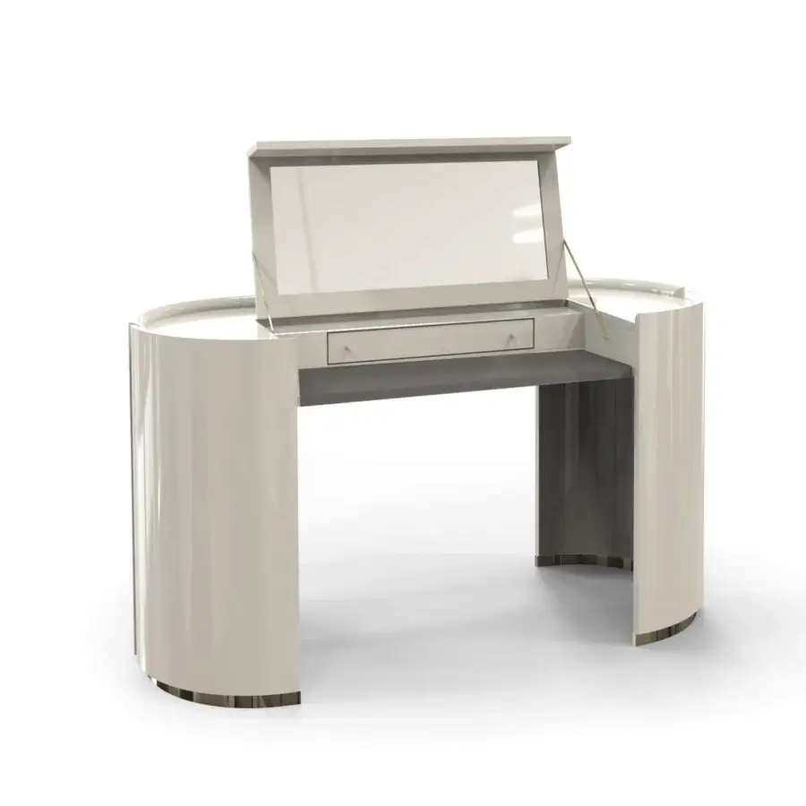 Exceptional Bizzotto Italia Ikat vanity crafted in Italy with glossy off-white finish and dove-grey accents plus light leather interiors