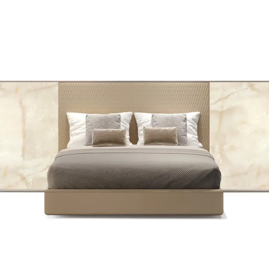 Distinguished Reflex Space XL bed with quilted textile upholstery, luminous MarmoReflex wings and bronze finished frame