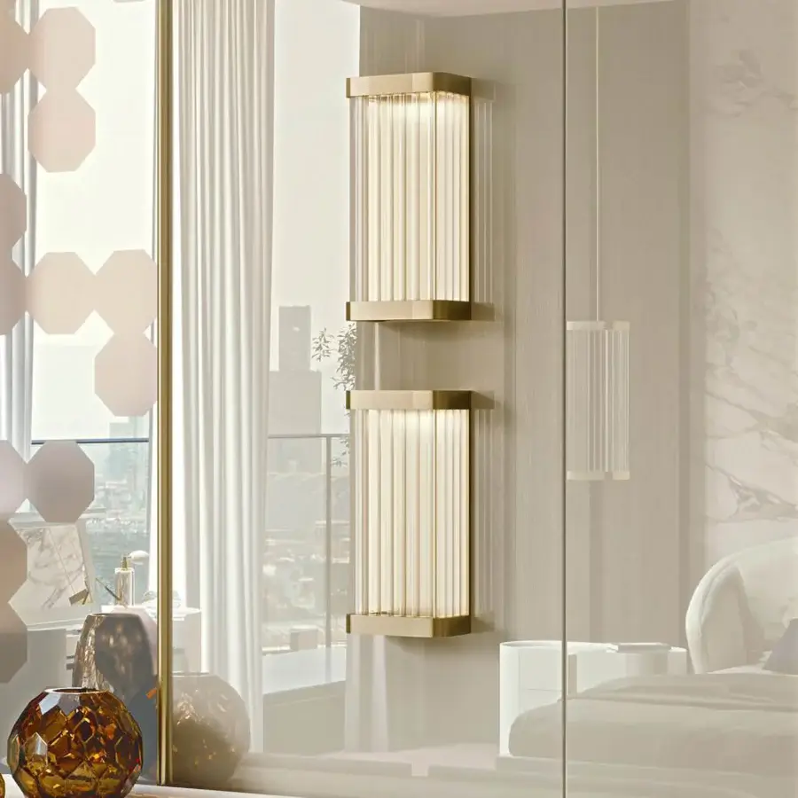 Exclusive Bizzotto Italia Ikat wall lamp with vertical glass rods encased in a sleek rectangular frame and matte chrome finish