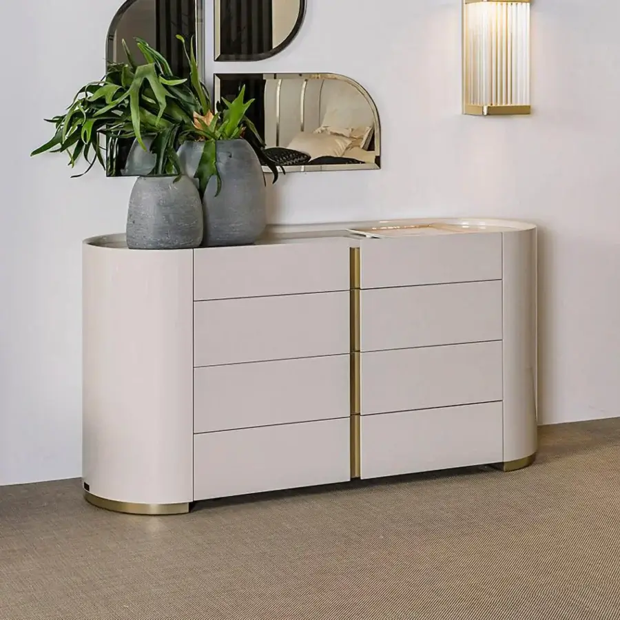 Superior Bizzotto Italia Ikat dresser with light beige glossy finish and brass-tinted details