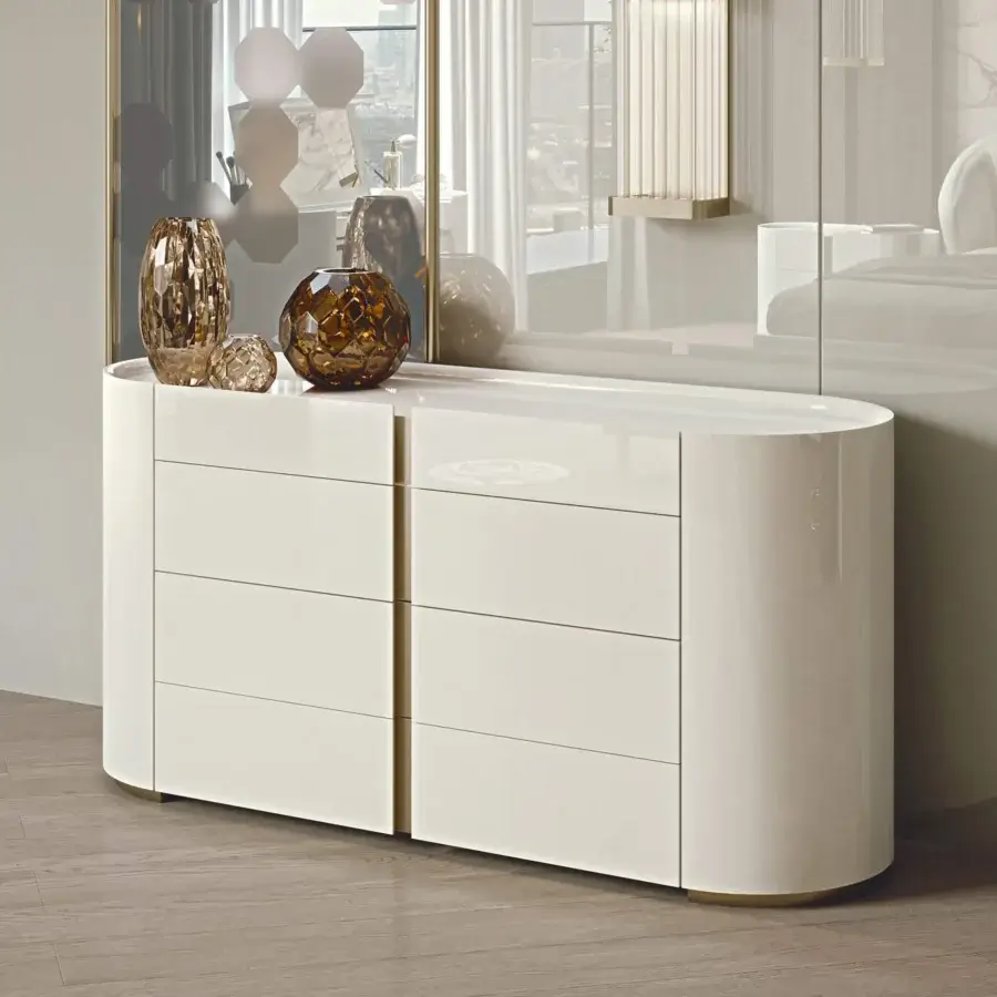 Captivating Bizzotto Italia Ikat dresser with light cream glossy material and brass-tinted Flamme finish