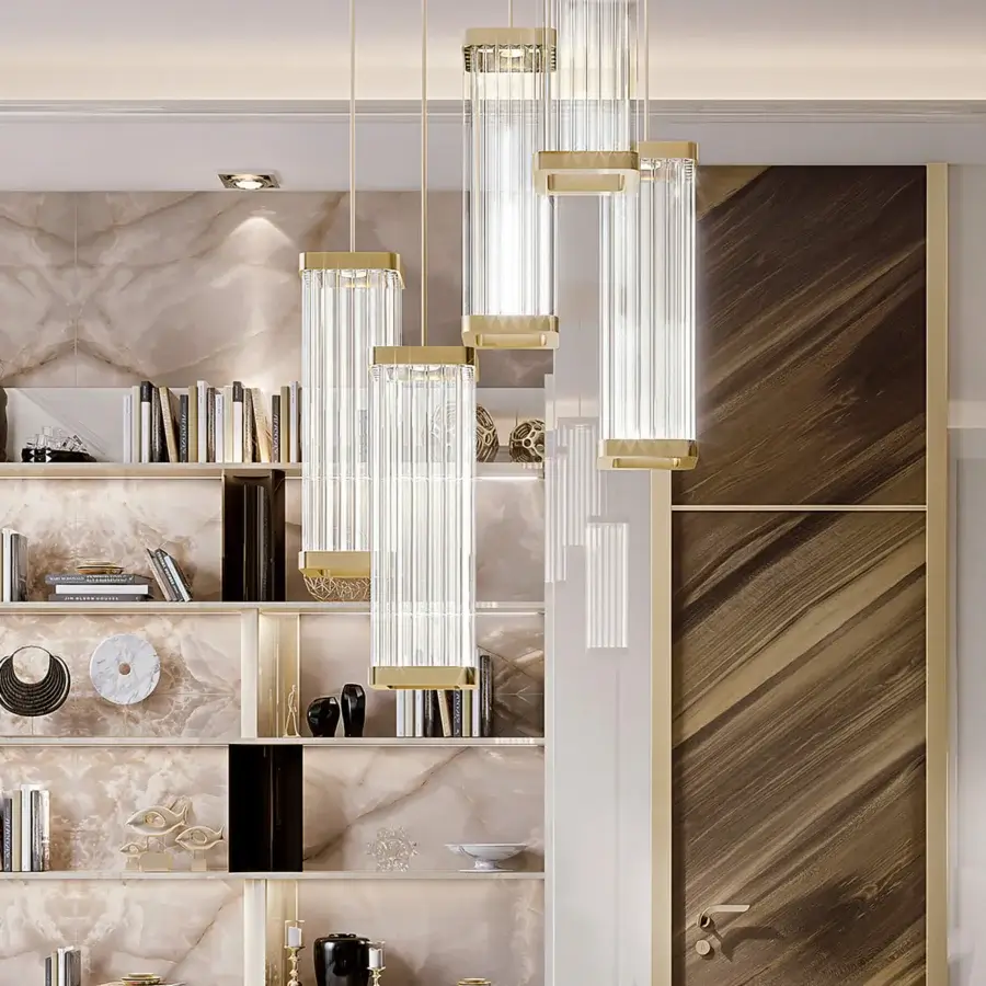 Distinguished Bizzotto Italia Ikat suspension lamp in clear glass with 24KT gold galvanized metallic elements and glossy finish