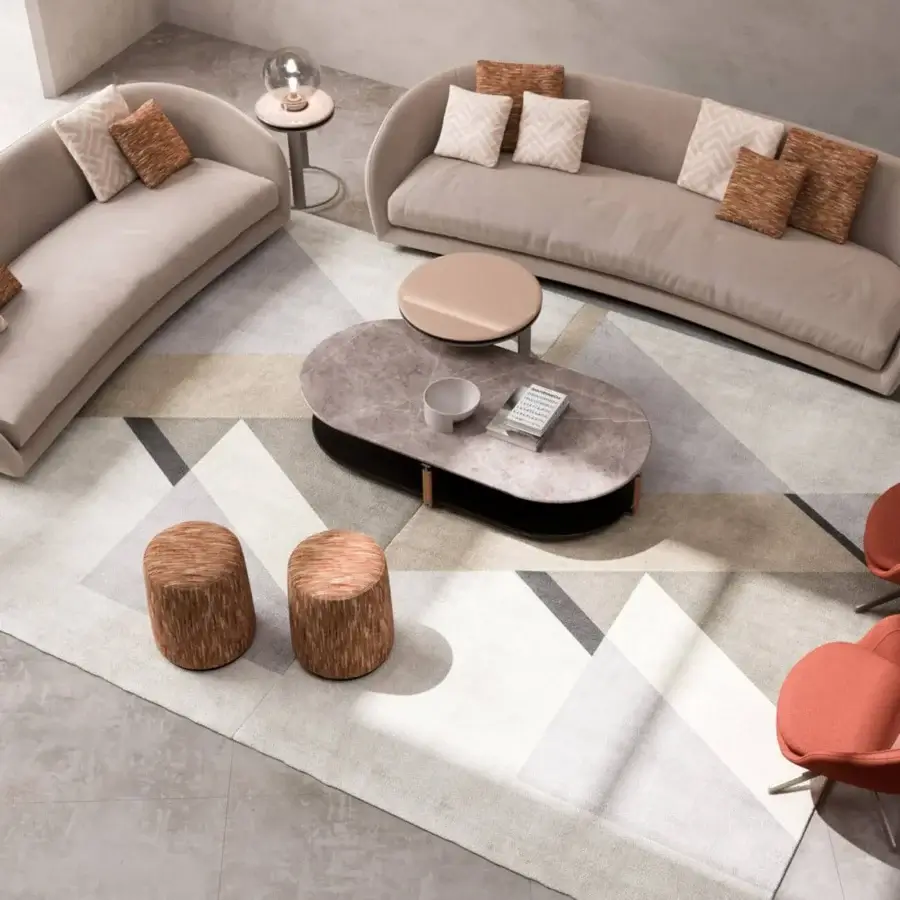 Distinguished CPRN Homood Jafari rug with intersecting triangles in light gray, beige and white technical materials crafted in Italy