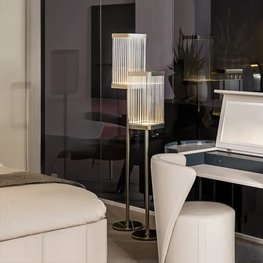 Distinguished Bizzotto Italia Ikat floor lamp with stacked design and 24KT gold galvanization built in sleek metal with clear bars