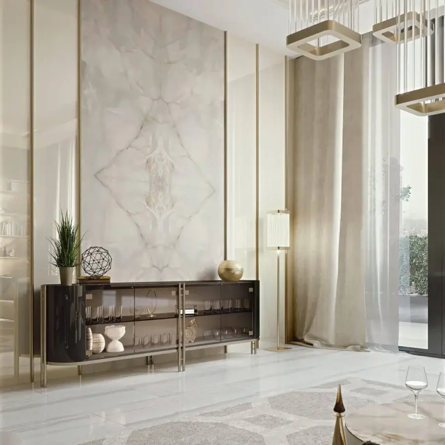 Elegant Bizzotto Italia Ikat floor lamp crafted in metal with 24KT gold galvanization and a striped shade offering diffused light