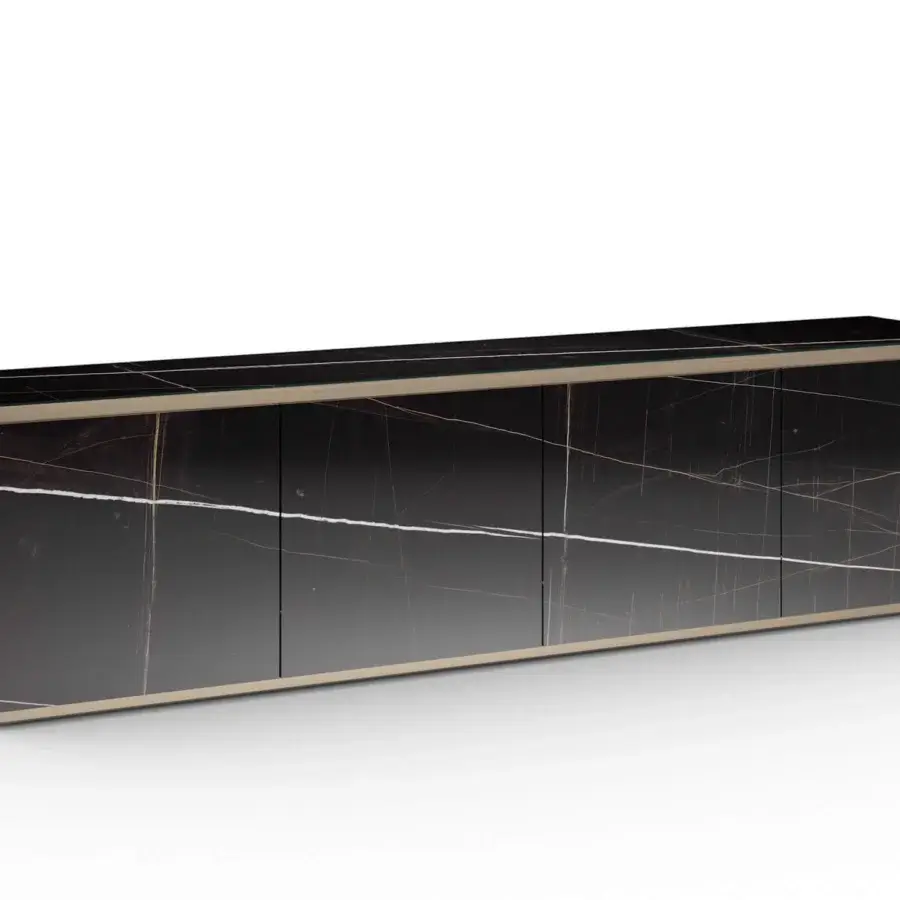 Exceptional Reflex Monolite sideboard with dark glass and bronze finished profile exhibiting light veining