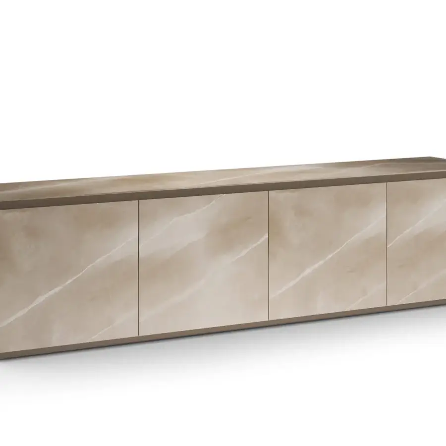 Superior Reflex Monolite sideboard with light beige marble-patterned glass and bronze finished top profile exhibiting four doors