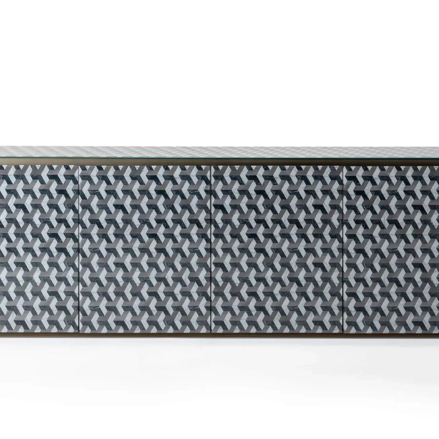 Elegant Reflex Monolite sideboard with a wooden structure covered in glass displaying a geometric pattern and bronze finished profile