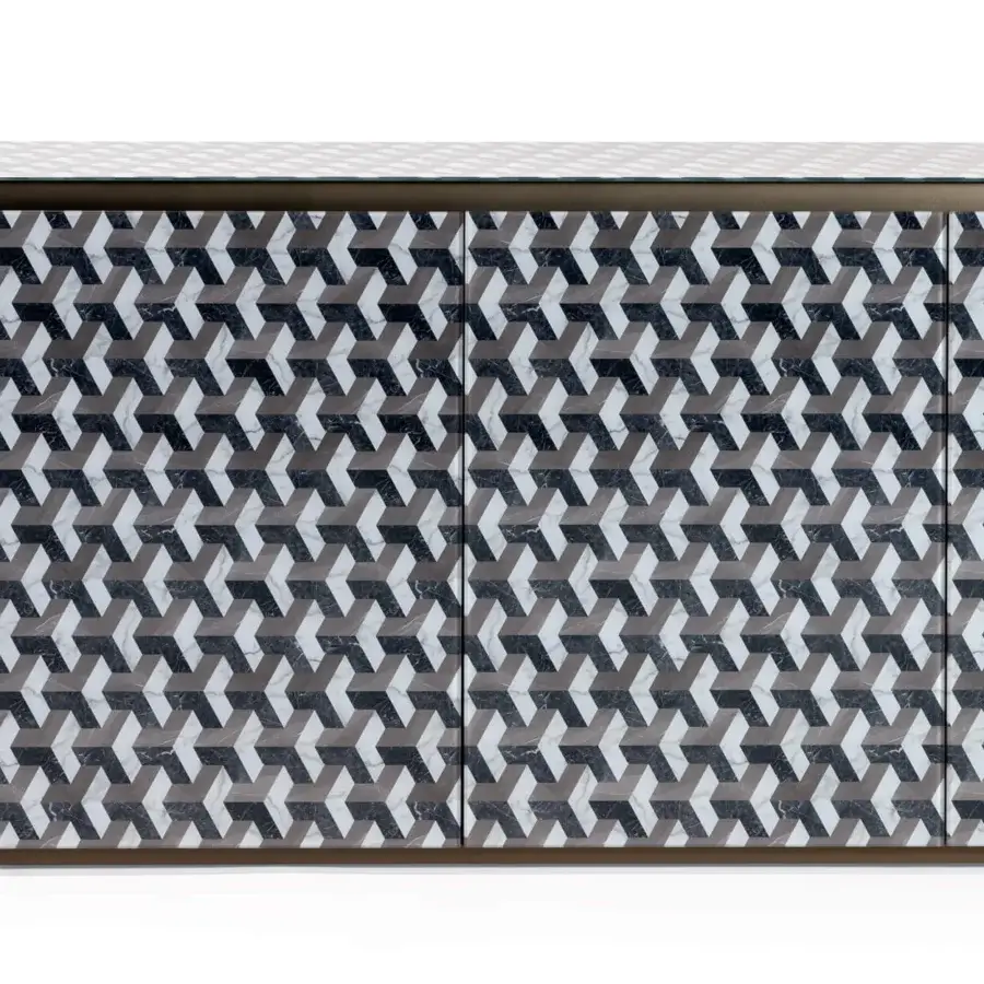 Distinguished Reflex Monolite sideboard with a glass-covered wooden structure displaying glossy white, grey, and black tessellated patterns with bronze accents