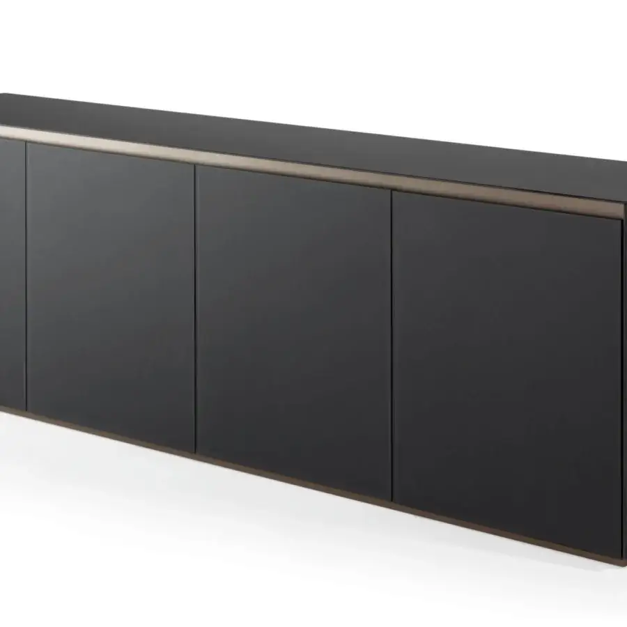 Superior Reflex Monolite sideboard with a wooden structure covered in glass displaying a matte dark gray finish and bronze accents