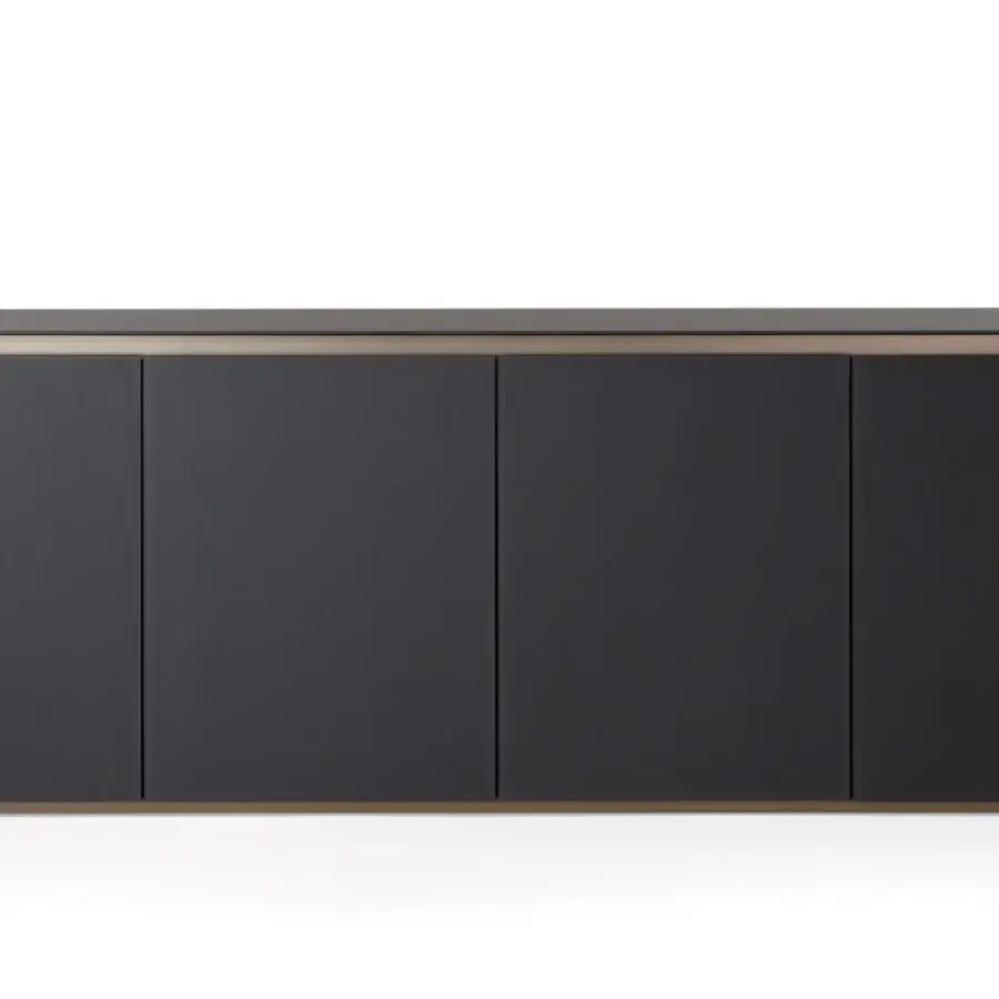 Exclusive Reflex Monolite sideboard with four doors and a wooden structure covered in glass displaying a dark matte finish with bronze accents